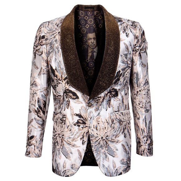 Empire™ Premium Velvet Shawl Lapel Mens Blazer, Floral Tan